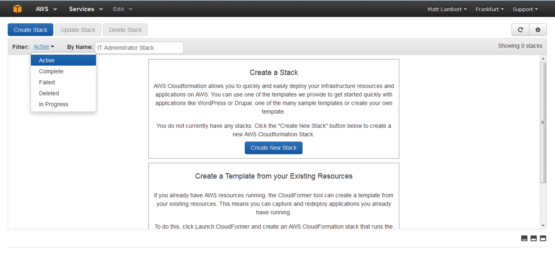 Creating a stack in the AWS CloudFormation console. 