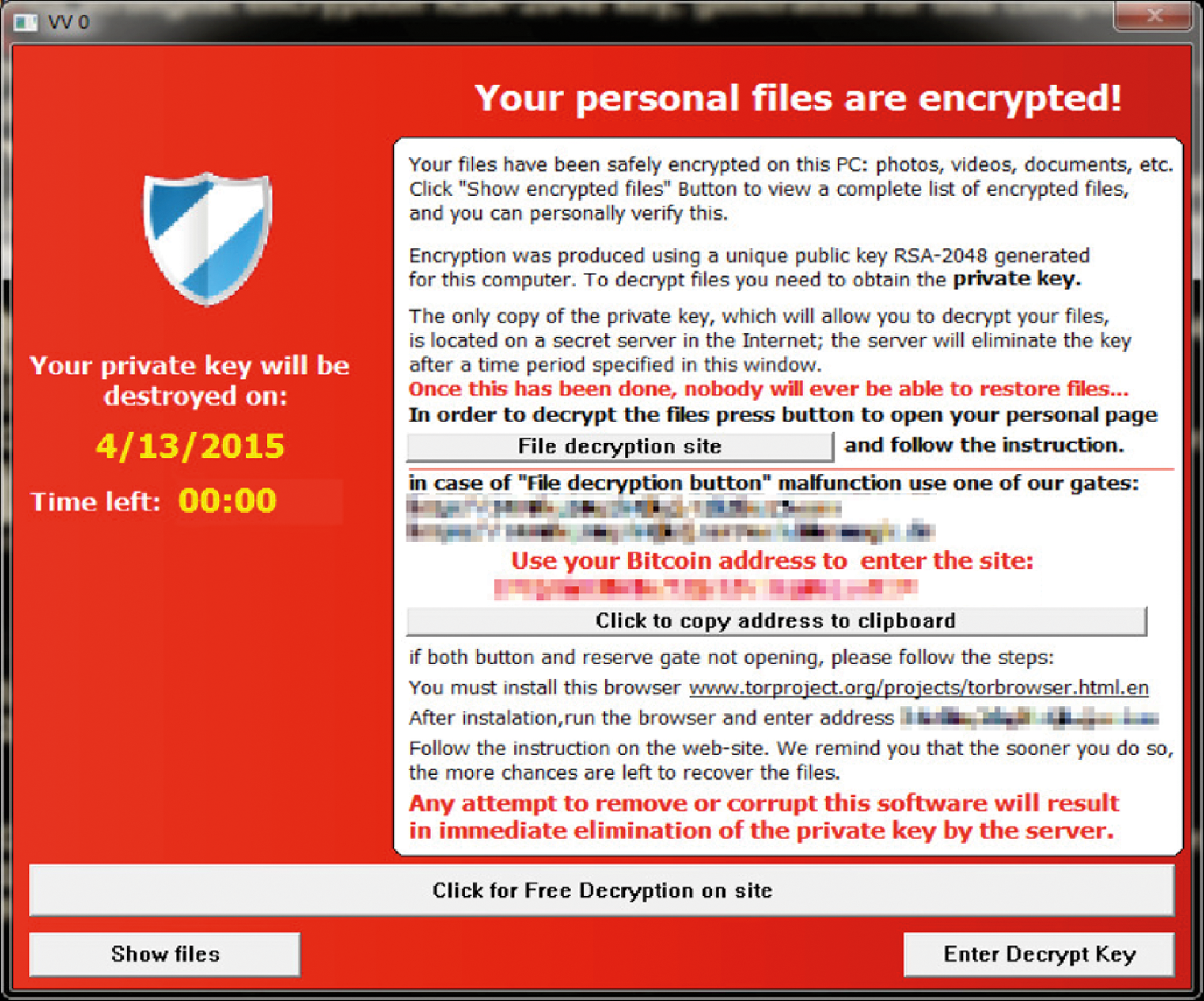 If you see this window, TeslaCrypt has encrypted your files and is asking for a ransom in Bitcoins. 