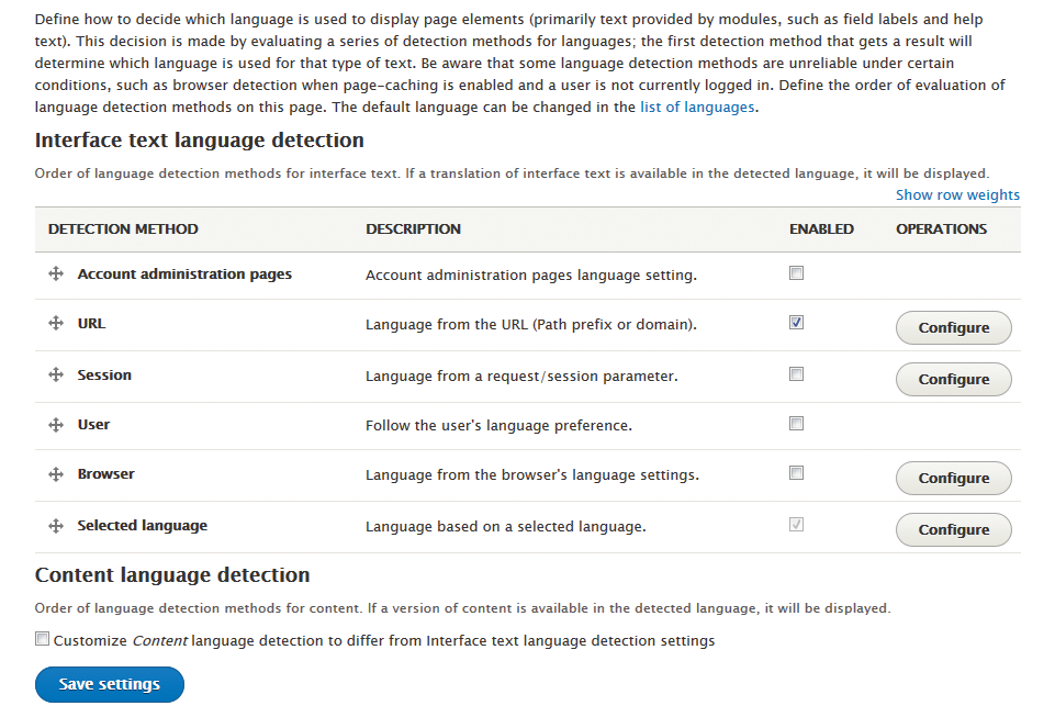 Language detection configuration 