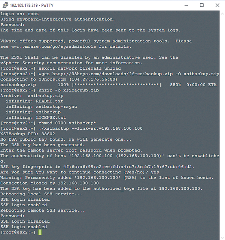The complete configuration of XSIBackup is handled in a shell on the ESXi host. 