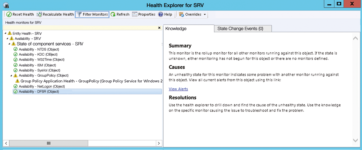 The Health Explorer provides data about the health state of a monitored resource. 