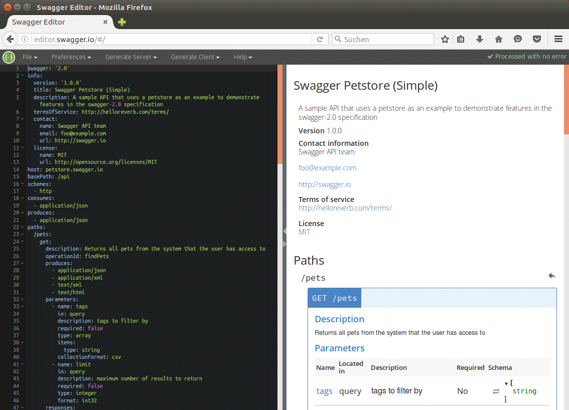 In the Swagger Editor, web application developers can conveniently describe the REST API. The example relates to the (fictional) Swagger Petstore, to which you can add animals yourself. 
