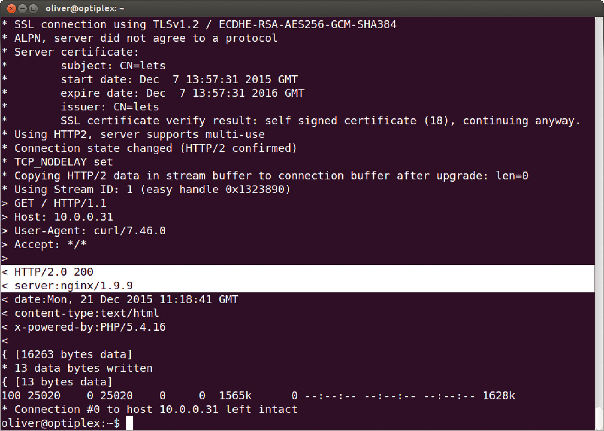 The cURL command-line tool shows details of the HTTP/2 call. 