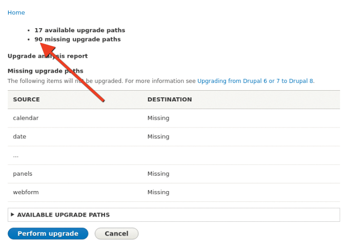 Migrate Drupal UI with missing upgrade paths. 