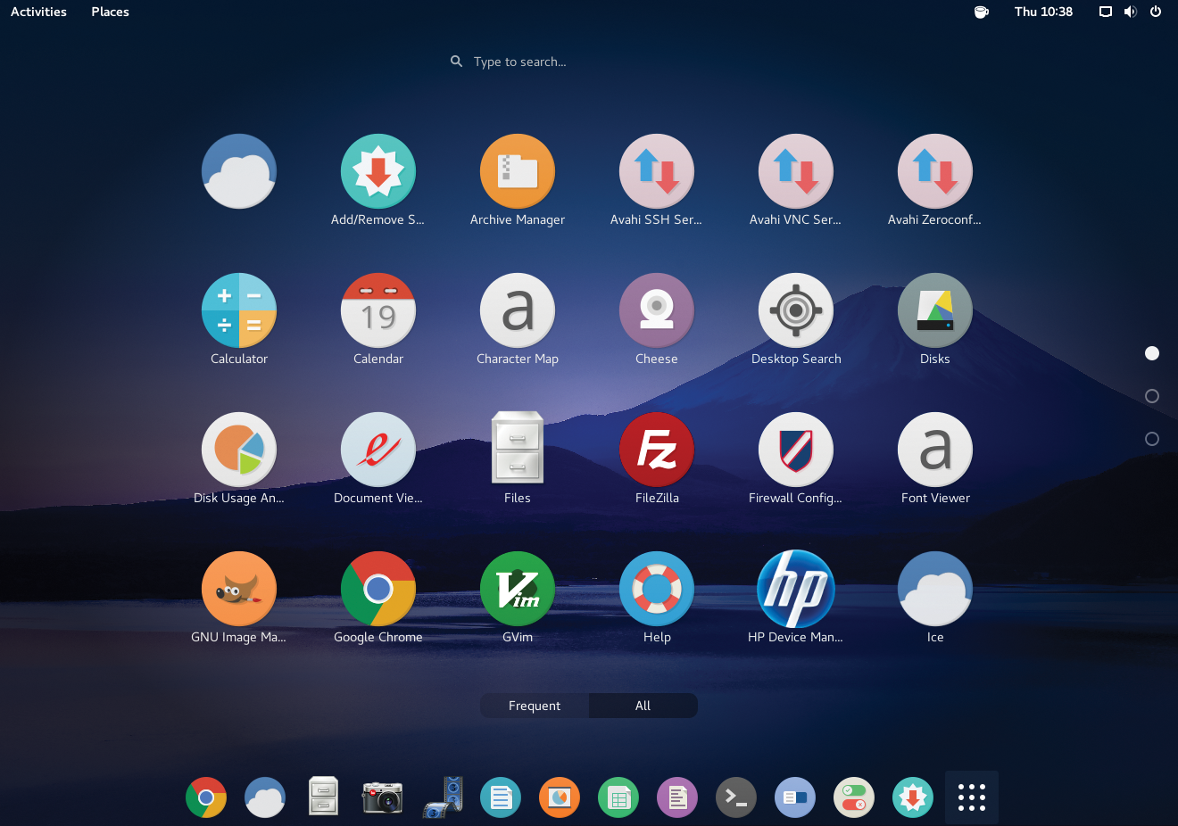 The Gnome shell with the application grid. 