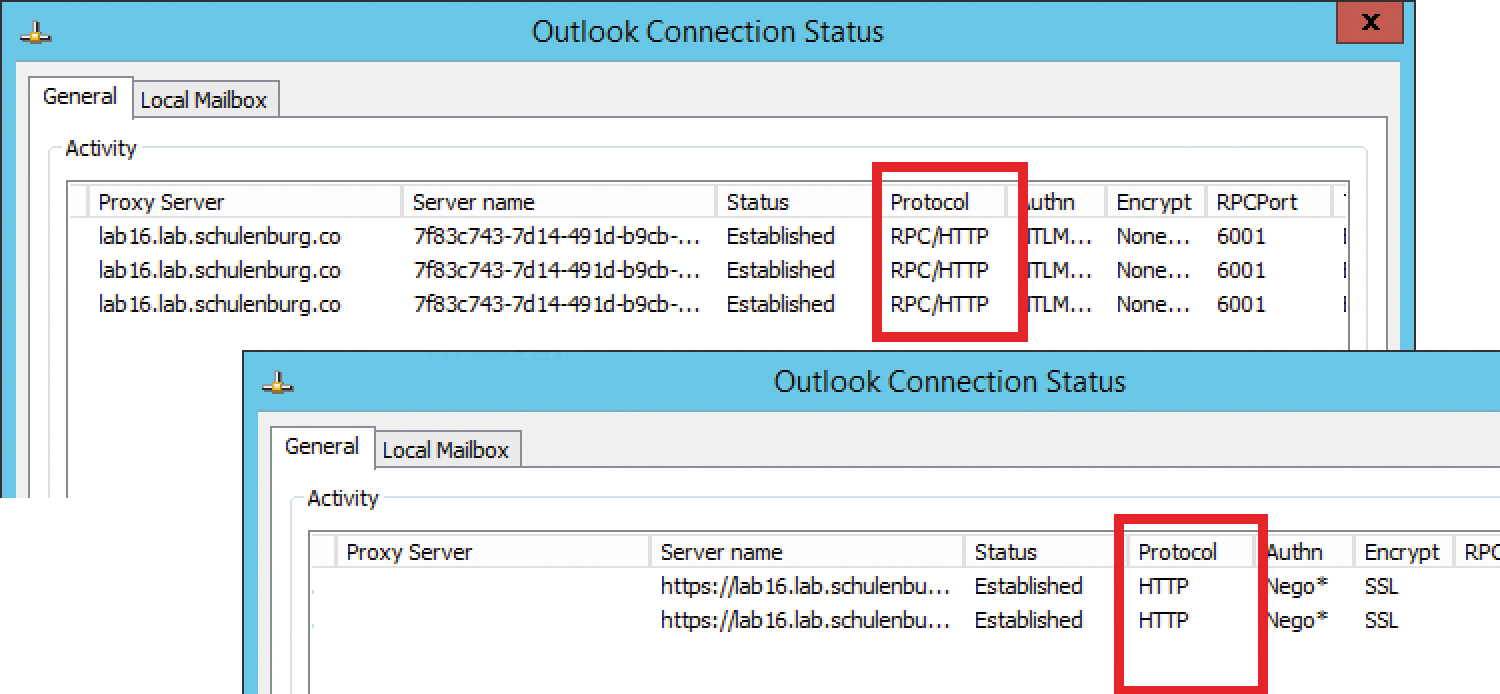You can tell whether Outlook is using MAPI over HTTP by checking the protocol, which is HTTP in this case. 