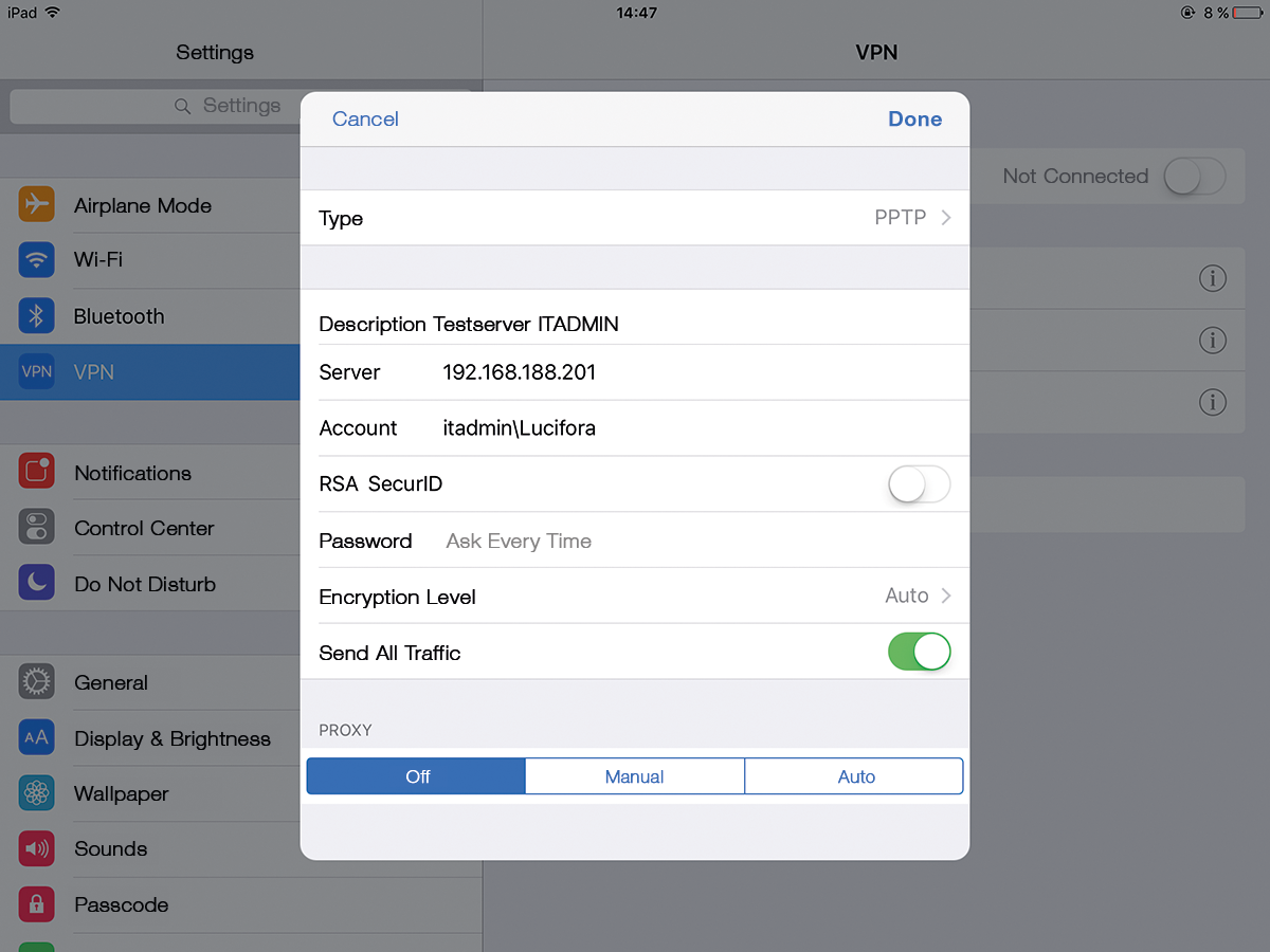 The settings for the native VPN client in iOS are clear and uncomplicated. 