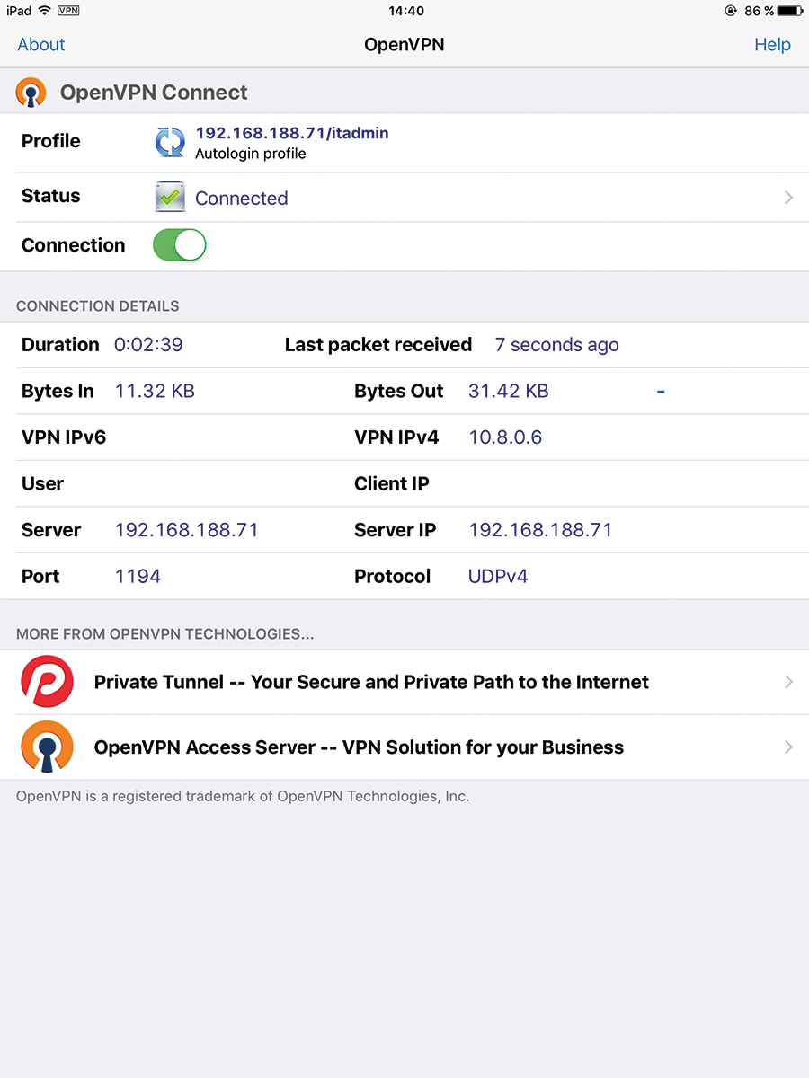 The OpenVPN Connect app establishes a connection to the OpenVPN server. 