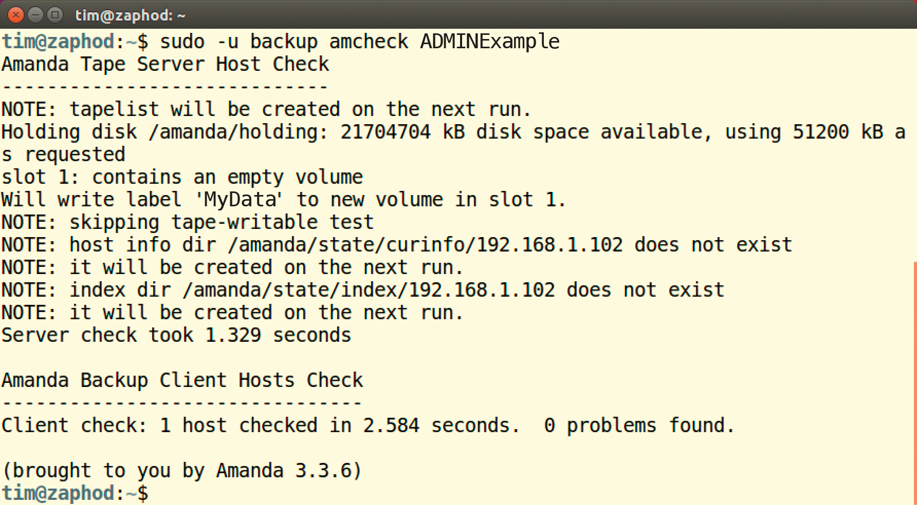 The NOTEs are not errors, but only references to data generated during the first backup run. In this case, Amanda needs to back up the computer with the IP address 192.168.1.102. 