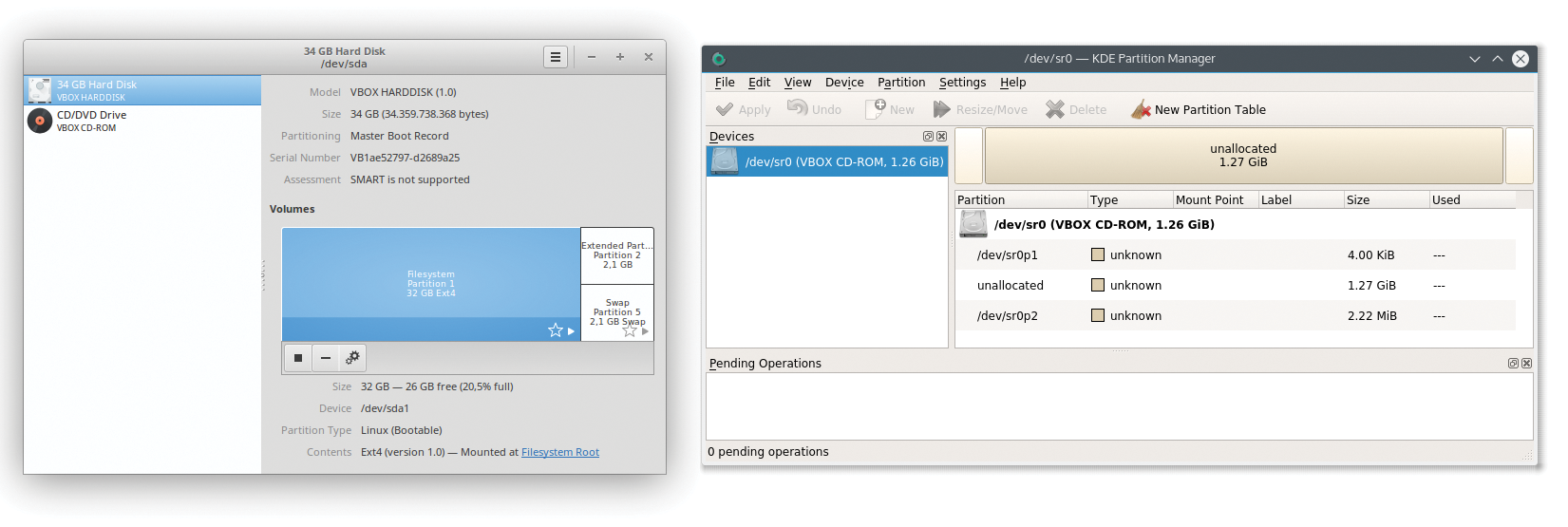 Gnome Disks (bottom right) and the KDE Partition Manager (top left). 