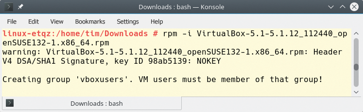The rpm tool on openSUSE Leap notices the dubious reputation of a package, but installs it nevertheless. 
