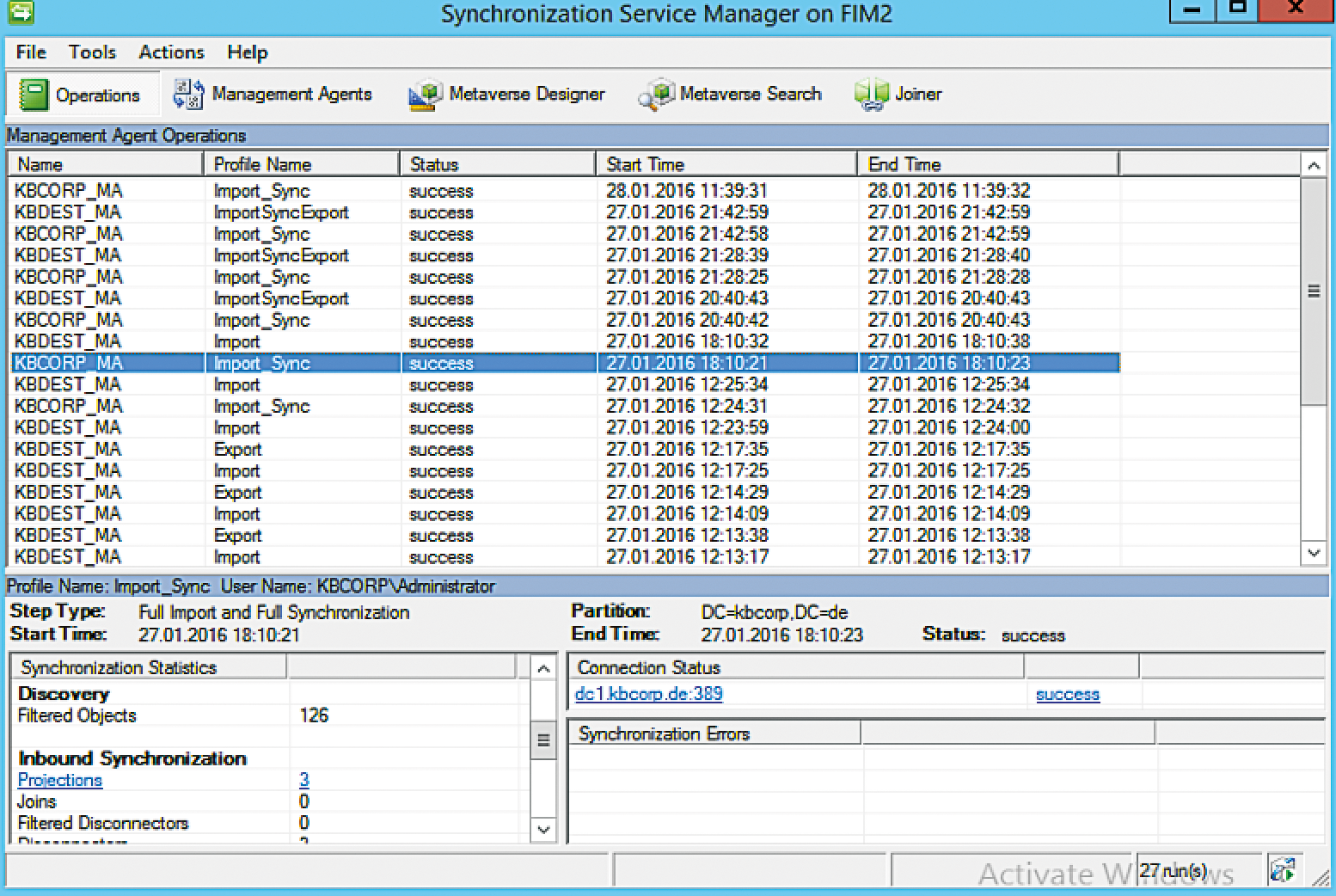 The Operation view in Synchronization Manager. 